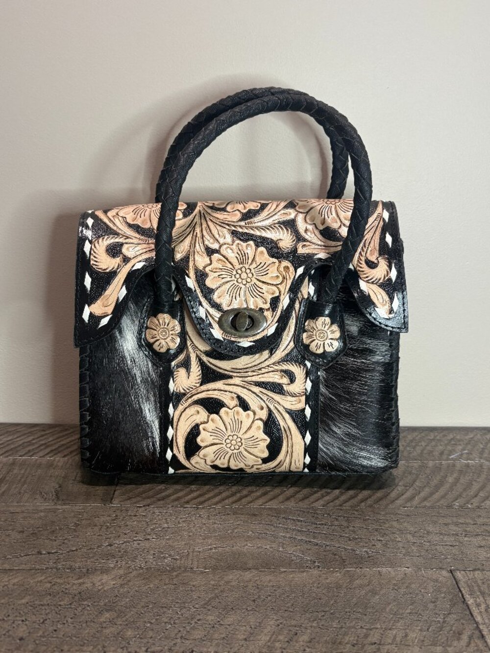 Handcrafted Hand Tooled Leather Cowhide Floral Handbag Black Tan Western Boho
